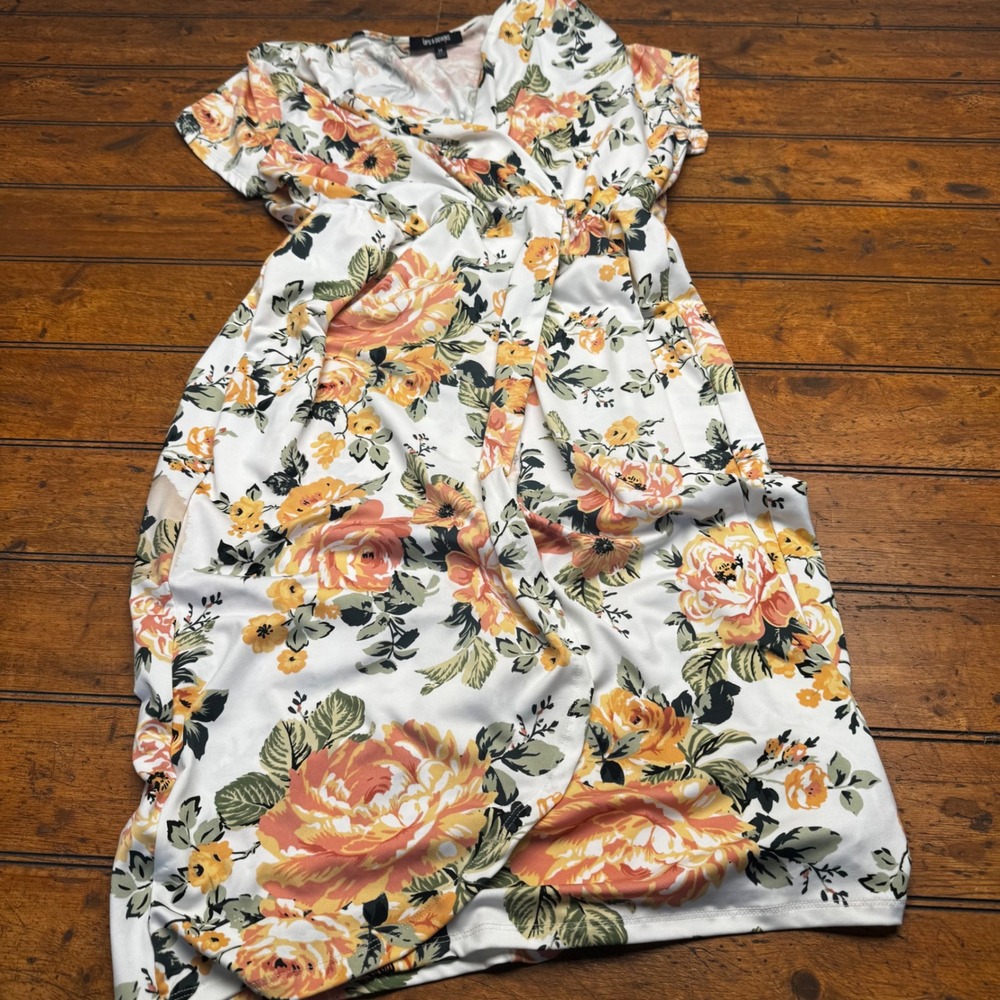 Ups & Downs Womens‎ 2X Floral Faux Wrap Dress Orange Yellow Short Sleeve Midi